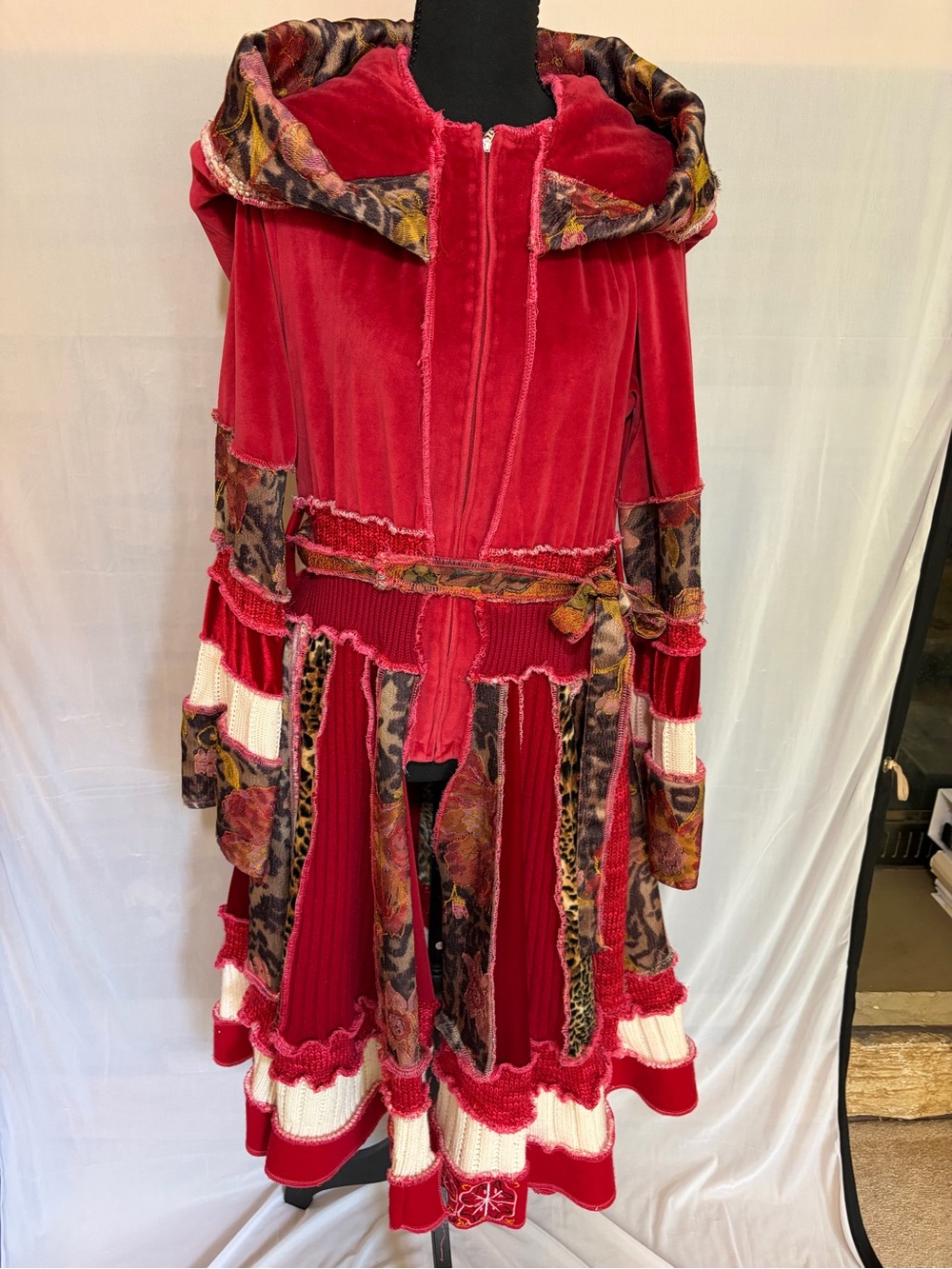Handmade by 406 Upcycle: Red Velvet Patchwork Hooded Coat Dress